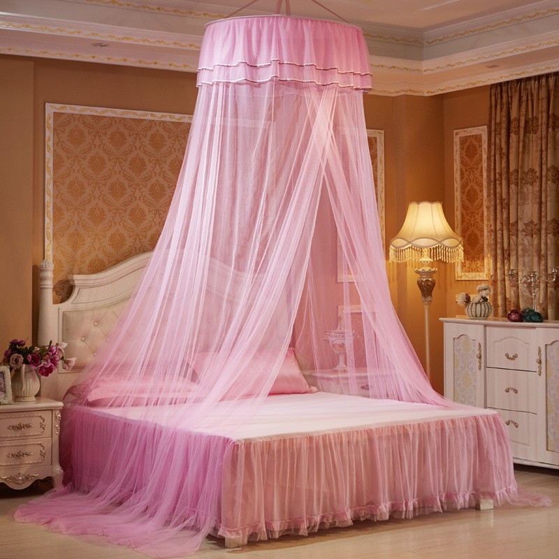 มุ้งเจ้าหญิง แบบกระโจม ติดเพดาน มุ้งกันยุง ปรับระดับได้ เหมาะสำหรับเตียงทุกขนาด — สีชมพู