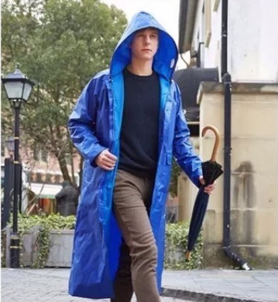 เสื้อคลุมกันฝน แบบยาว PVC พร้อมแถบสะท้อนแสง มีฮูด แขนจั๊ม ผ้านิ่มมาก— สีน้ำเงิน