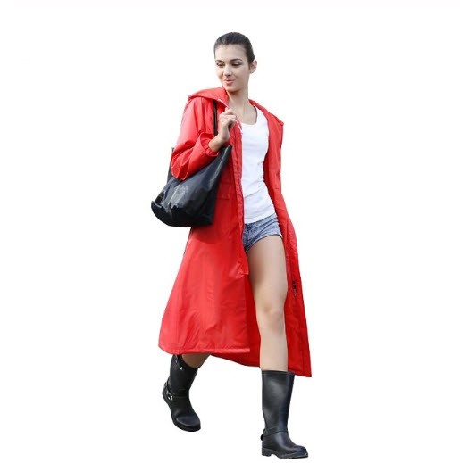 เสื้อคลุมกันฝน แบบยาว PVC พร้อมแถบสะท้อนแสง มีฮูด แขนจั๊ม ผ้านิ่มมาก — สีแดง