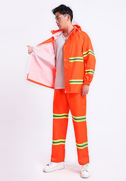 ชุดกันฝน เสื้อ กางเกง หมวกพร้อมที่กันแดด PVC เนื้อผ้าหนา คุณภาพสูง มีแถบสีสะท้อนแสง – สีส้ม