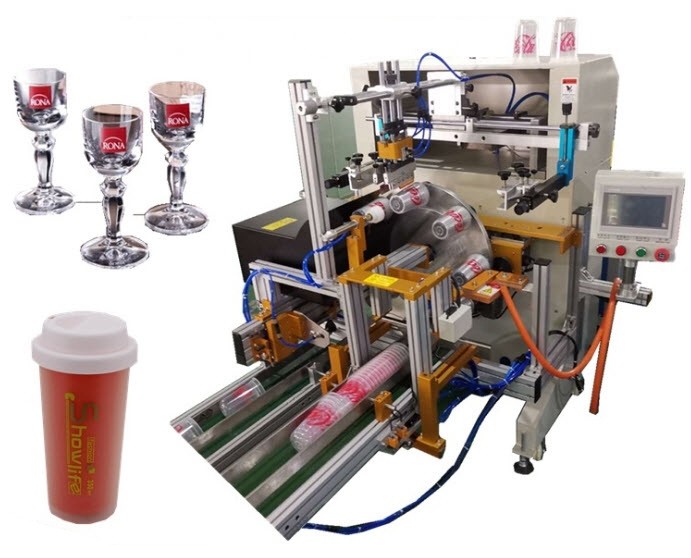เครื่องสกรีนแก้ว ถ้วย ชาม กระถาง โลโก้ หมึก (พร้อมสายพาน) automatic plastic cup screen printing