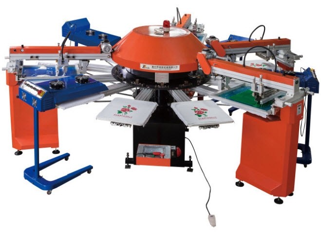 เครื่องสกรีนแบบจานหมุน ต่อเนื่องอัตโนมัติ SPG 400*500 (mm) automatic disc multi-color screen printing machine 600pcs/h